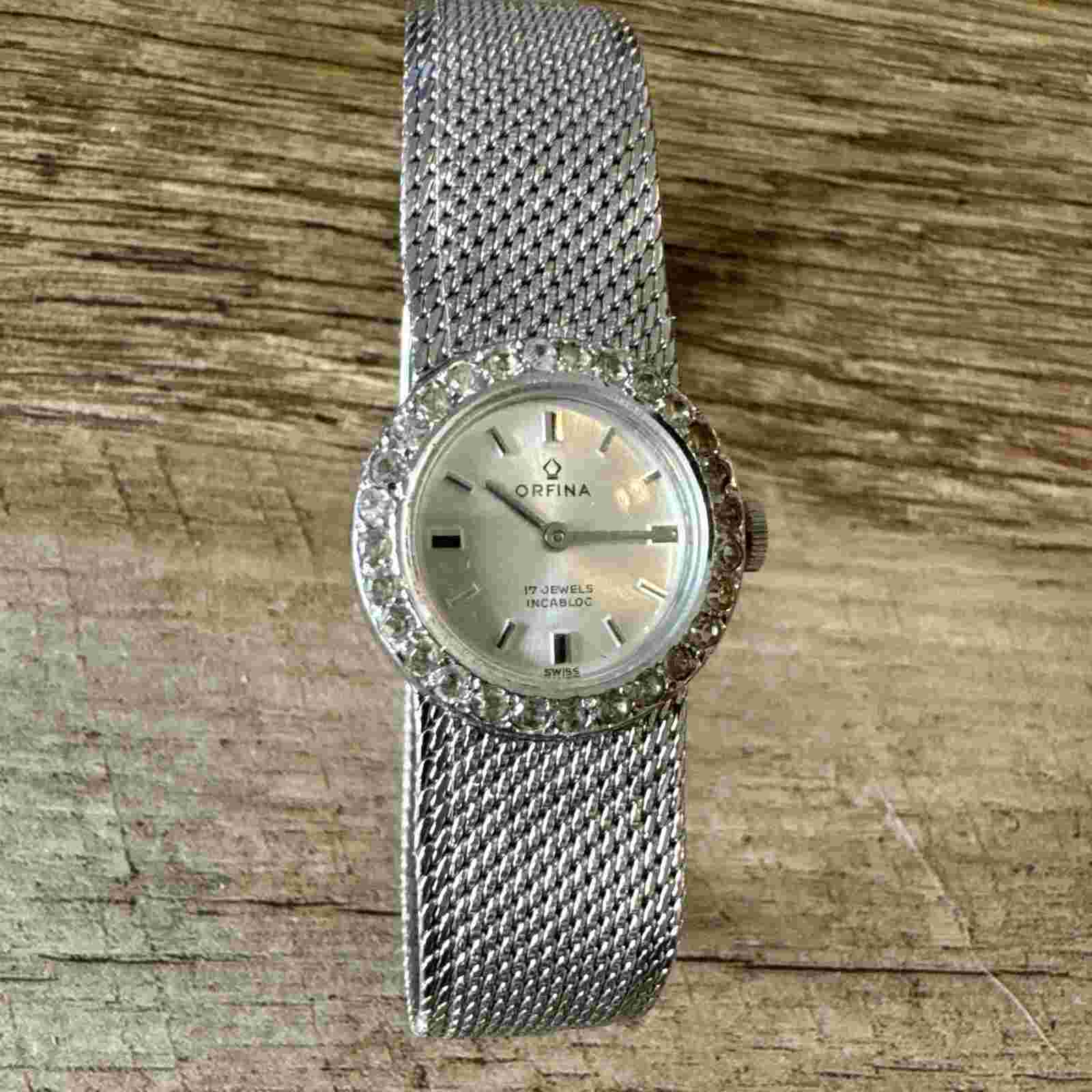 Vtg Orfina 17J Ladies Wind Watch 21mm Case Working Silver Tone Max 7.5” Wrist