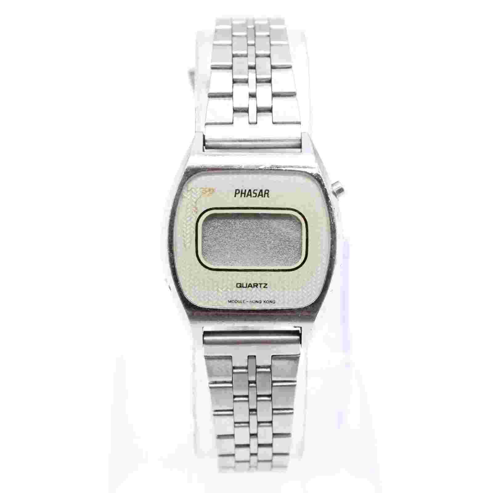 Vintage PHASAR Digital Watch Womens Silver Tone Stainless Steel Quartz 80s