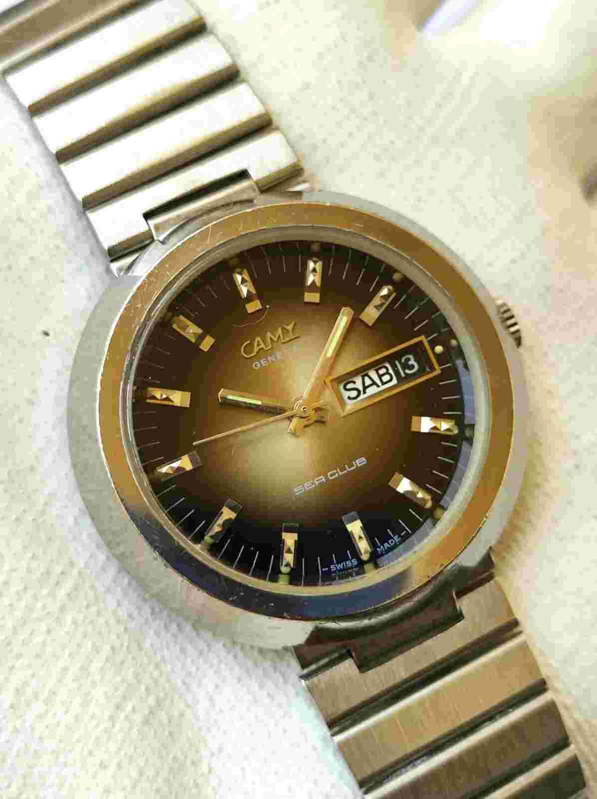 Vintage Camy Geneve Automatic Watch Mens Camy Sea Club Brown Day Date 39mm