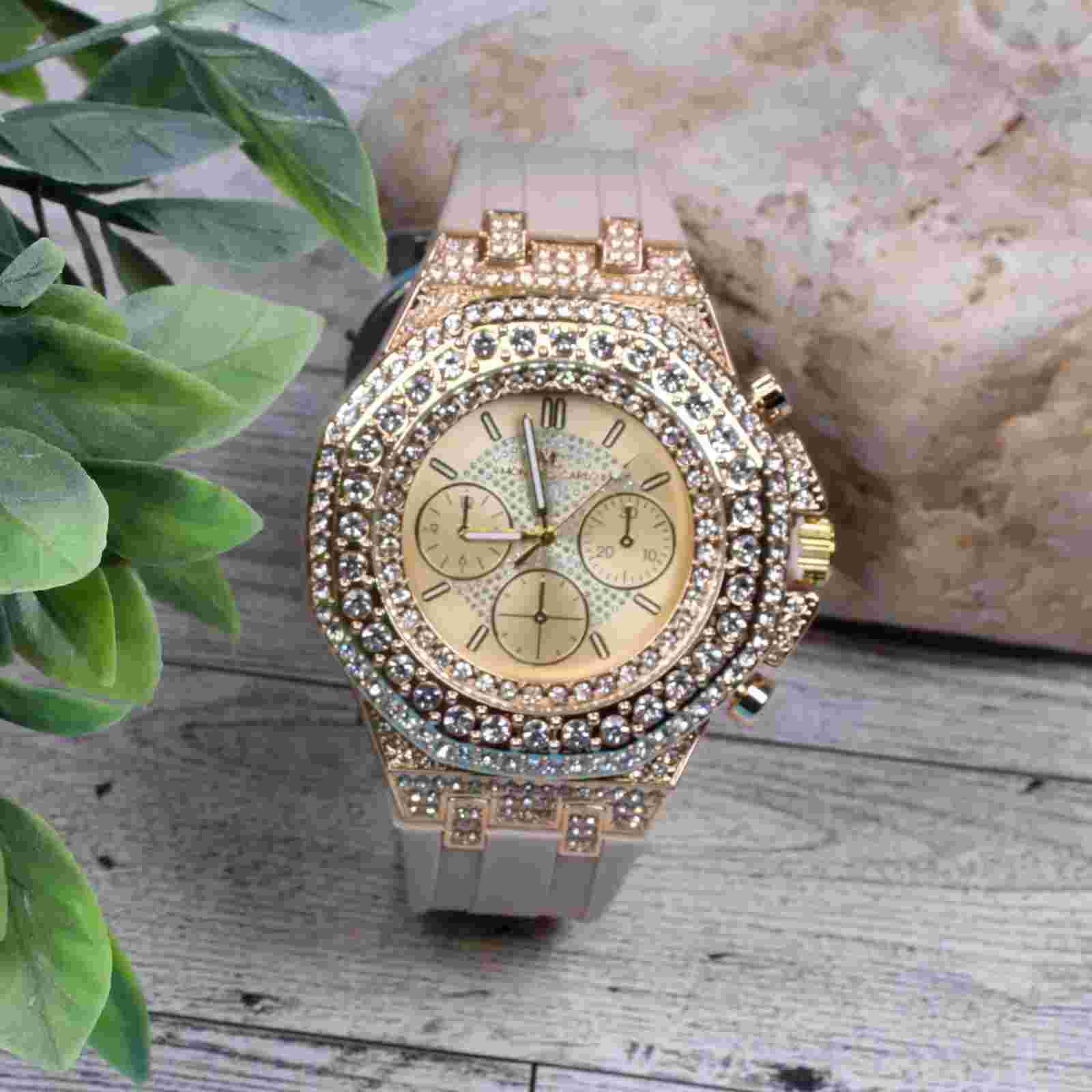 Montres Carlo Men's Hip Hop Rapper Luxury Stones Dress Wrist Watch Gold Finish