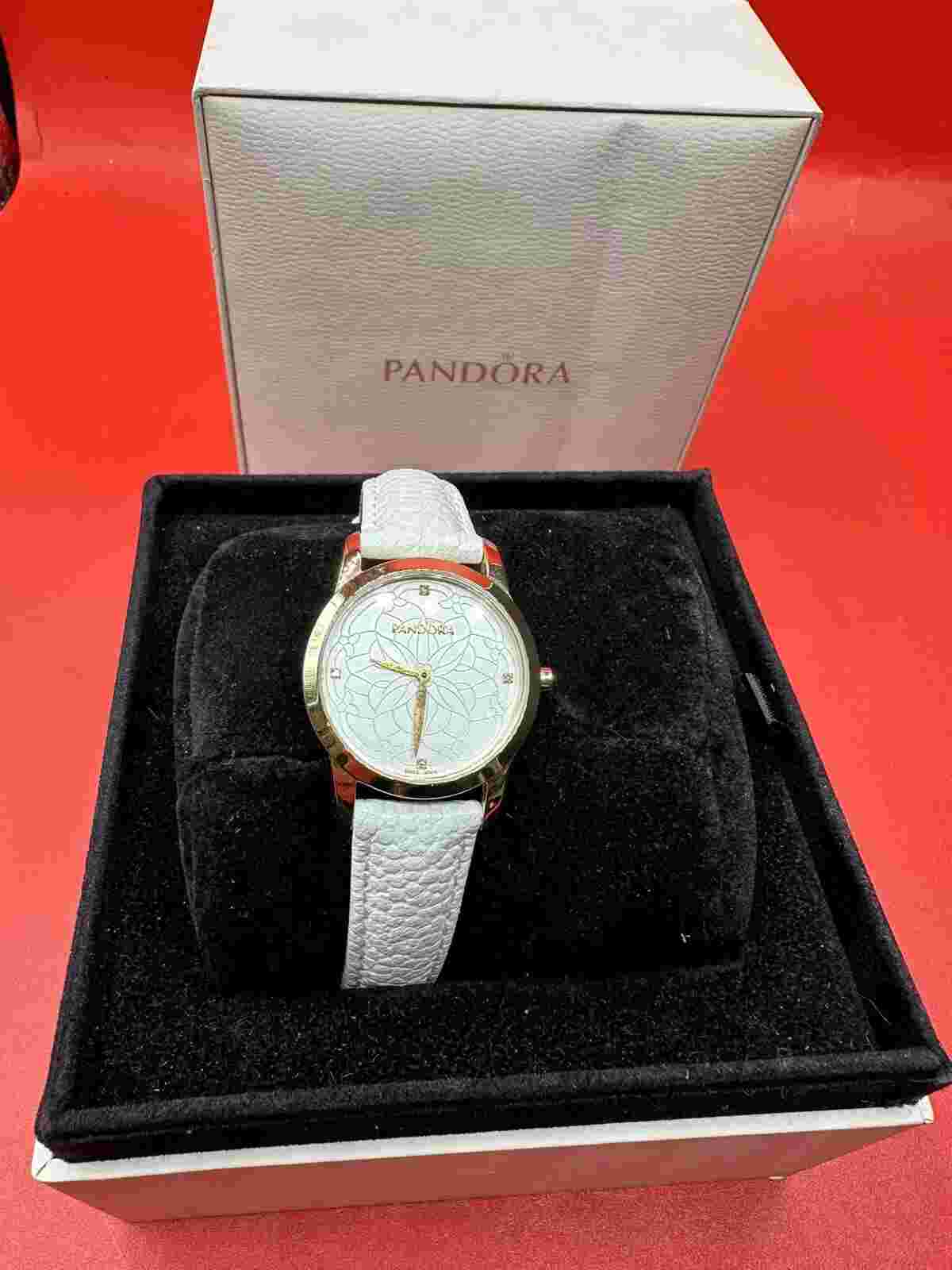Pandora 18K Gold Plated Fleur Watch White Leather Strap - 812038LS-needs Battery