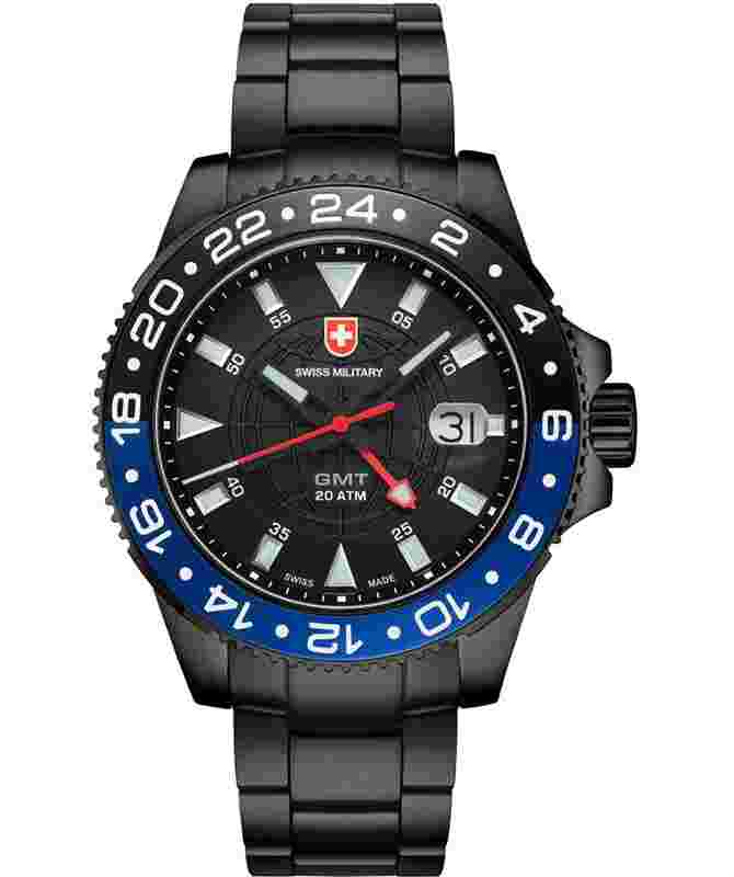 CX Swiss Military GMT NERO Swiss 42mm watch PVD Case 2nd Timezone Blk dial 2776