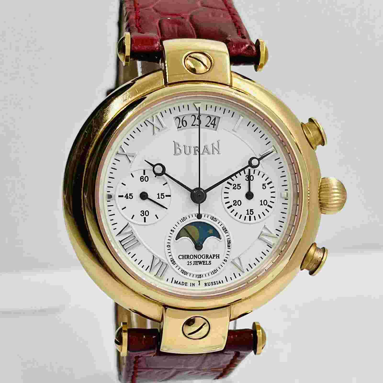 Buran Men's Poljot Chronograph Moonphase Rose Gold Russian Watch 31679 Sapphire