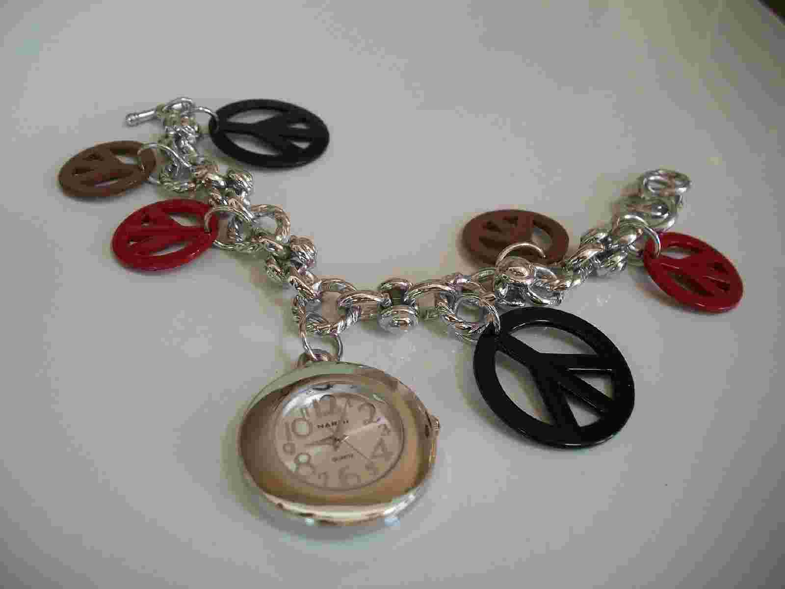 WOMEN'S SILVER FINISH RED,BLACK & BROWN PEACE SIGN DANGLING CHARM FASHION WATCH