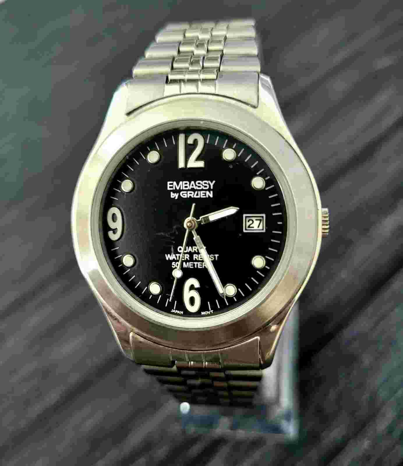 Vintage Embassy Gruen Watch Mens Stainless Black Enamel Dial