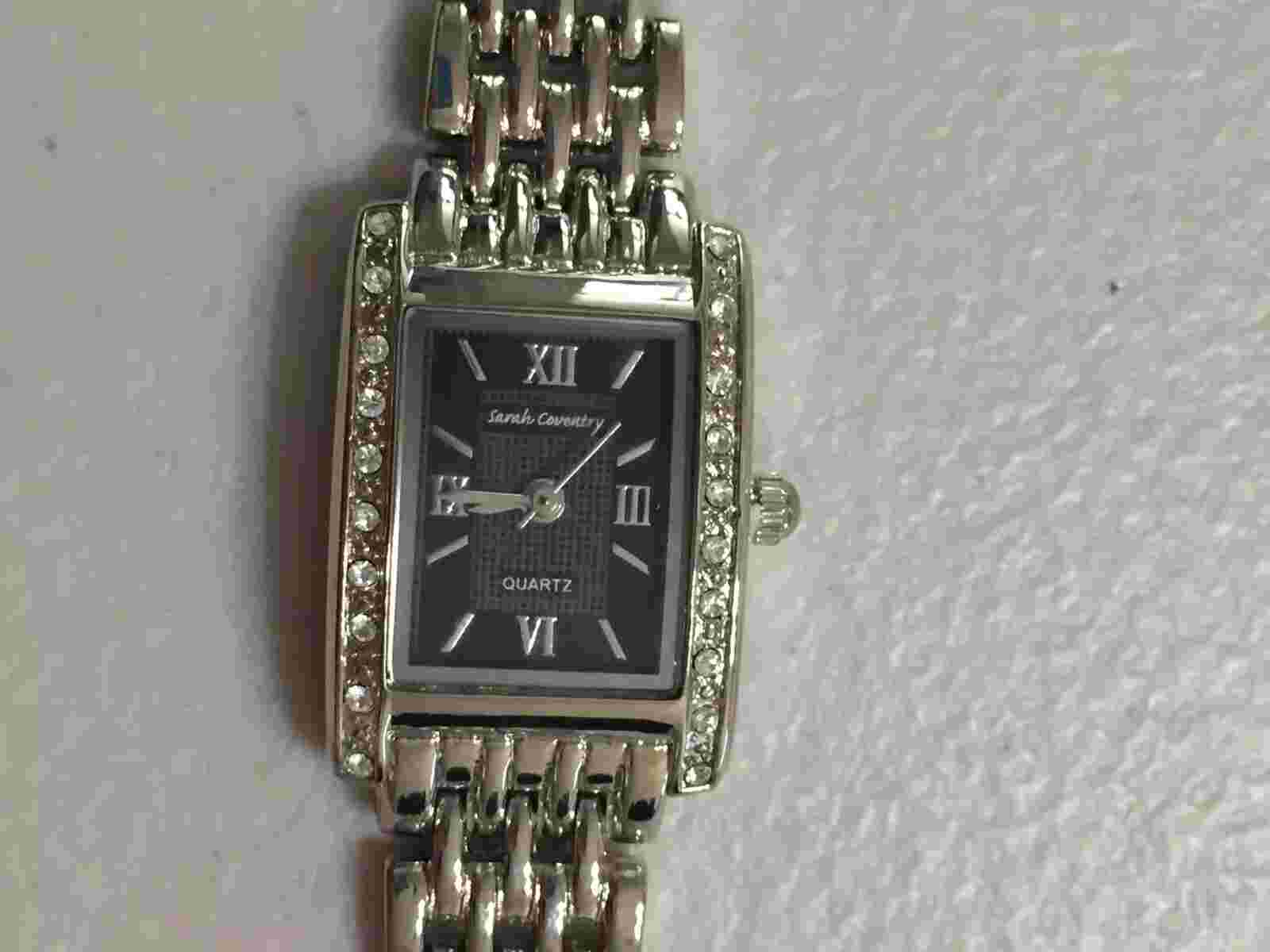 Sarah Coventry CLASSIC TIME WATCH Silver Crystals Black Face Quartz NEW