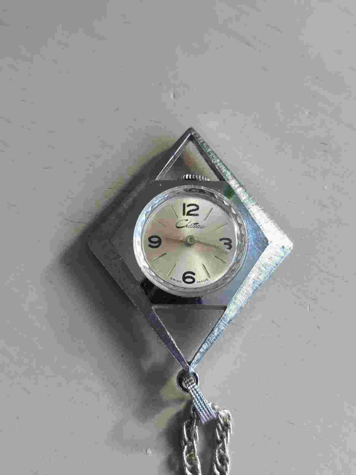 Vintage Chateau Pendant Watch Women Silver  Tone  Manual Wind 22 in chain runs