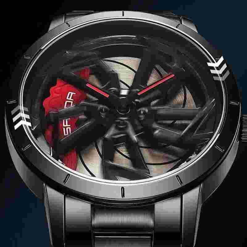 SANDA Car Rim Wheel Rotating Dial Mens Quartz Stainless Wateproof Luminous Watch