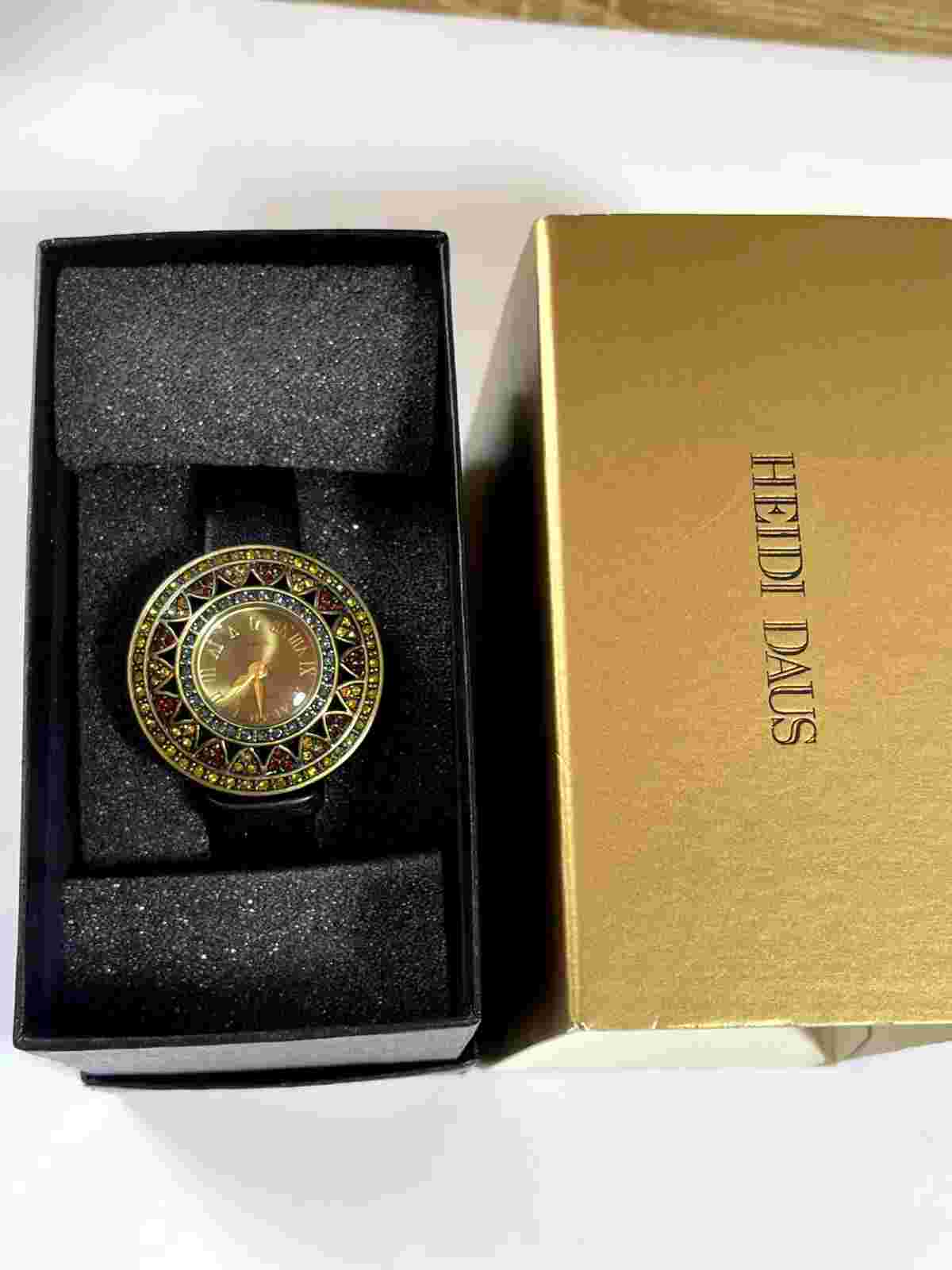 NOS Heidi Daus Multicolor Crystal Watch Genuine Black Leather Band with Box