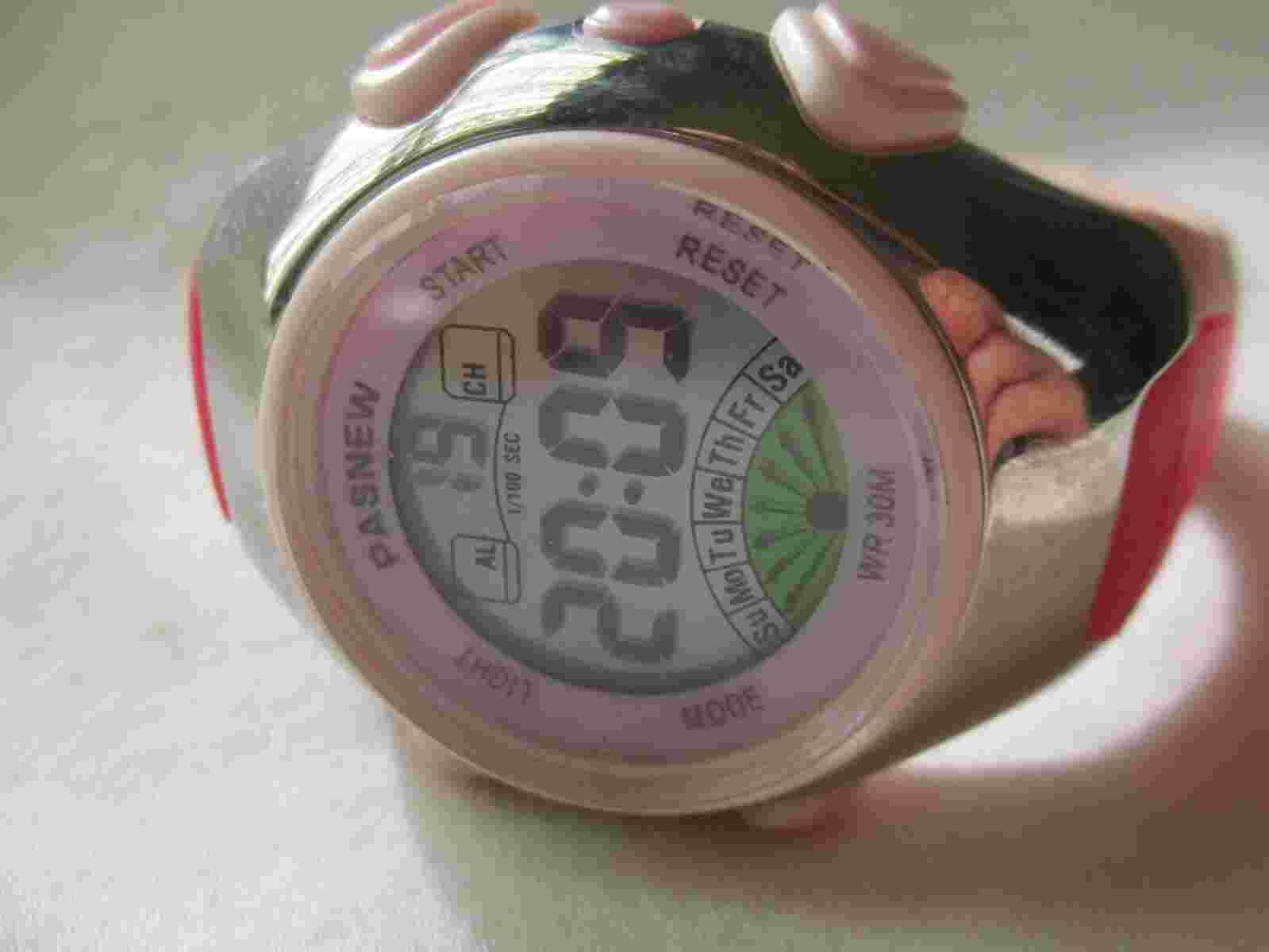Pasnew Digital Wristwatch Pink Buckle Band Water Resistant 30m Silver Tone