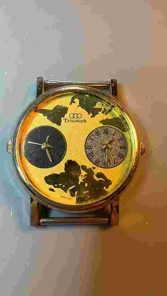 Vintage Triumph Dual Time World Map Analog Quartz Watch-Runs