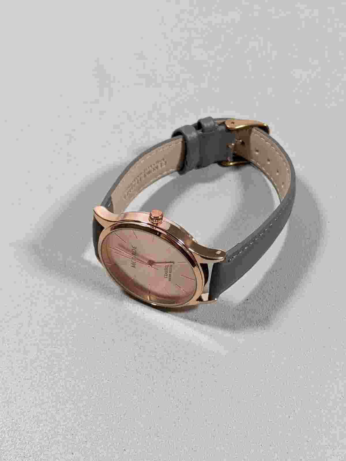 Monroe By Maestro Rose Gold Tone Dial Round Case 36 mm Gray Leather Band Watch