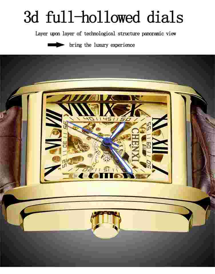 CHENXI Men Rectangle Watch Mechanical Automatic Wristwatch Hollow Out Wristwatch