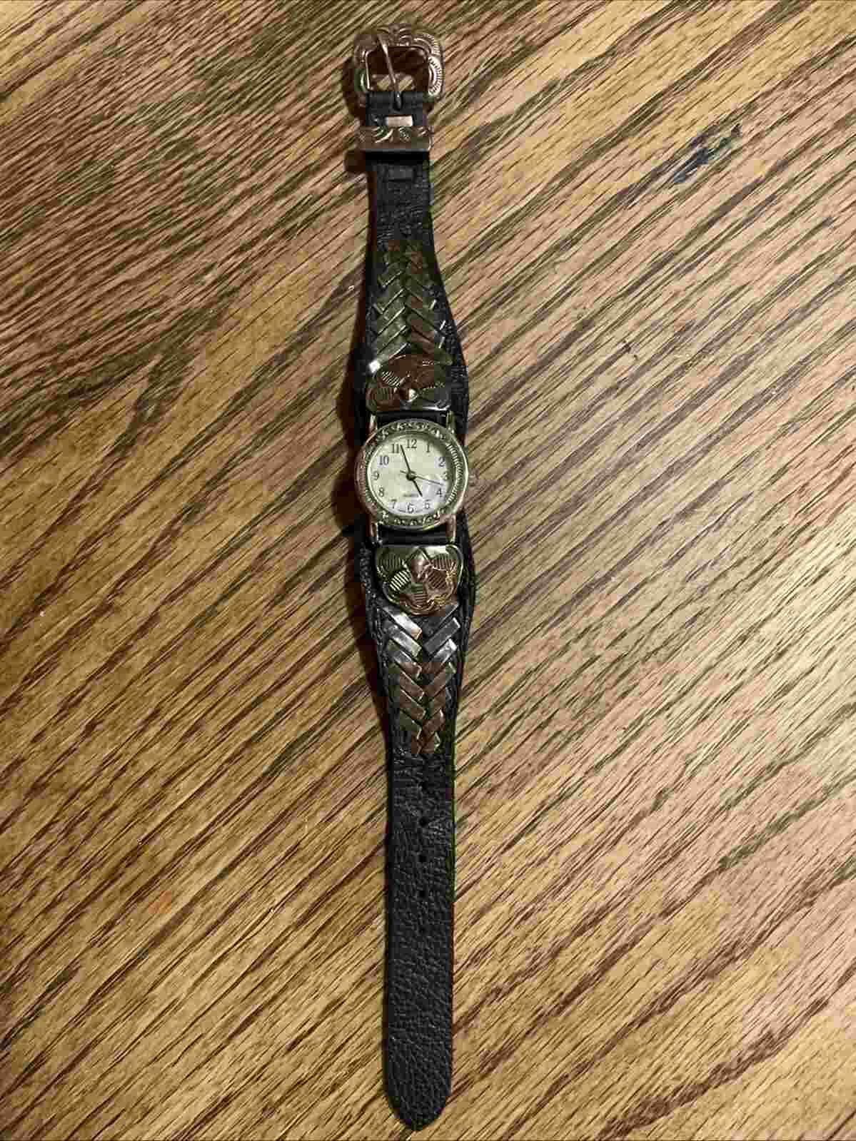Vintage Running Bear Trading Co. Leather Sterling Silver  Art Watch Band Marked