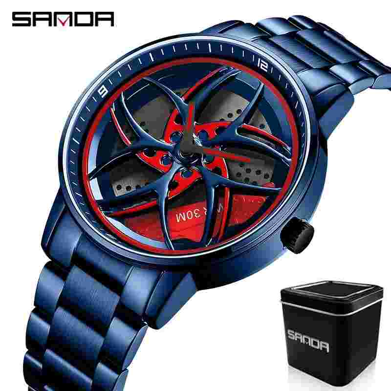 SANDA Rotating Dial Car Rim Wheel Quartz Mens Stainless Wateproof Luminous Watch