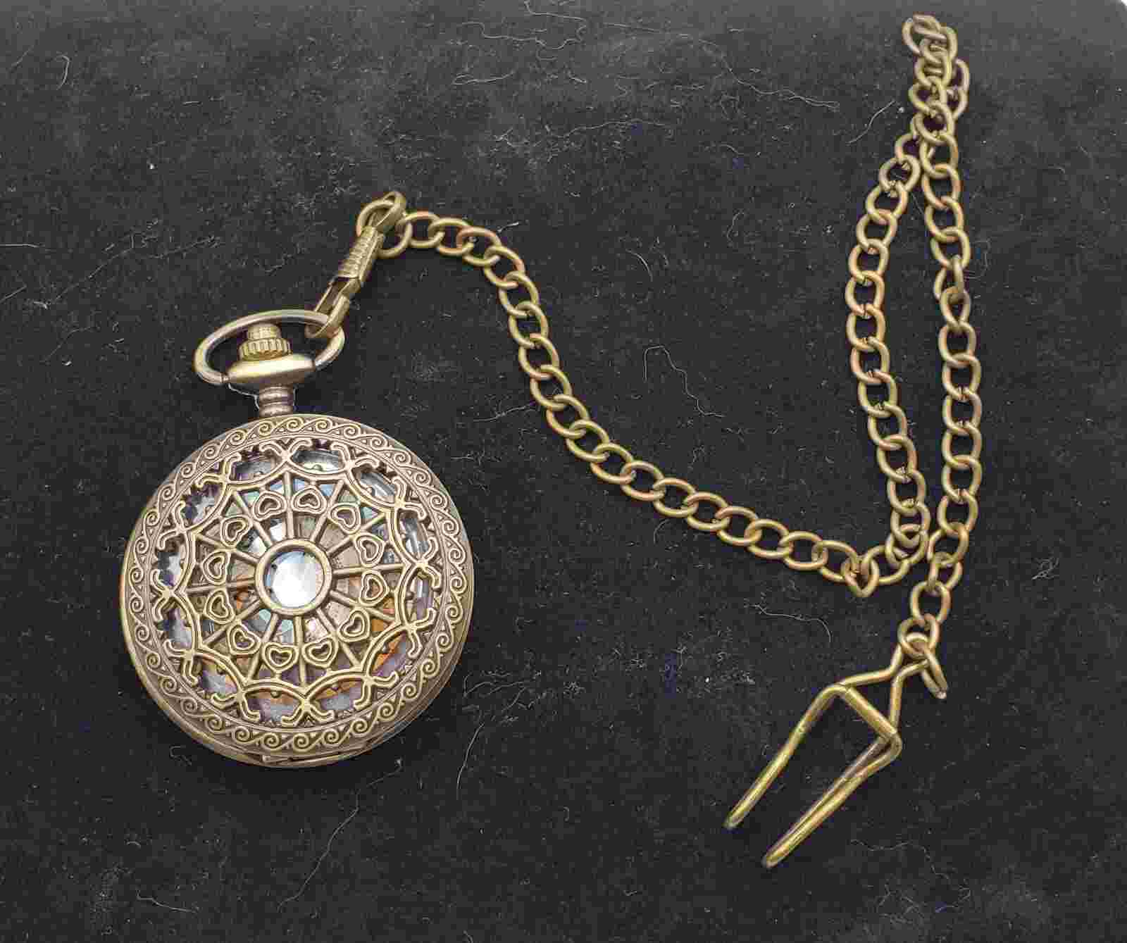 Pocket Watch With Chain Filigree Cover Bronze Prague Astronomical Model WORKS!