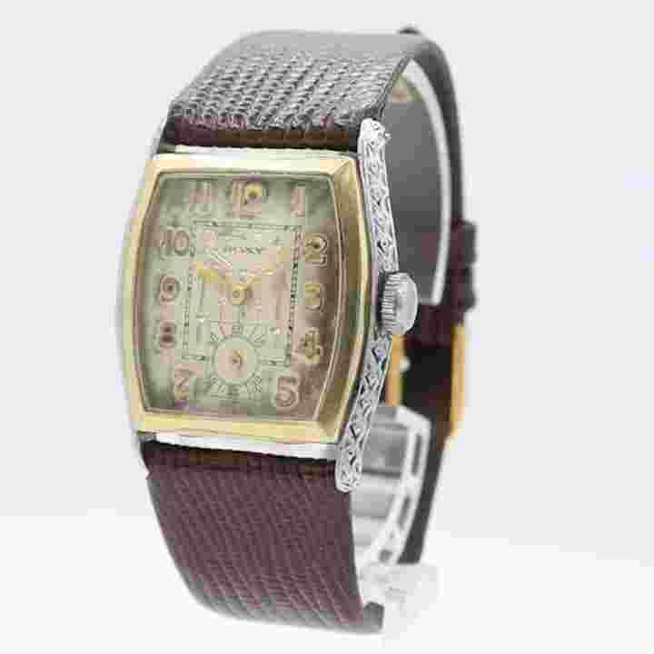 Vintage Roxy Art Deco Two Tone Men's Mechanical Wristwatch 14k GF & White GF