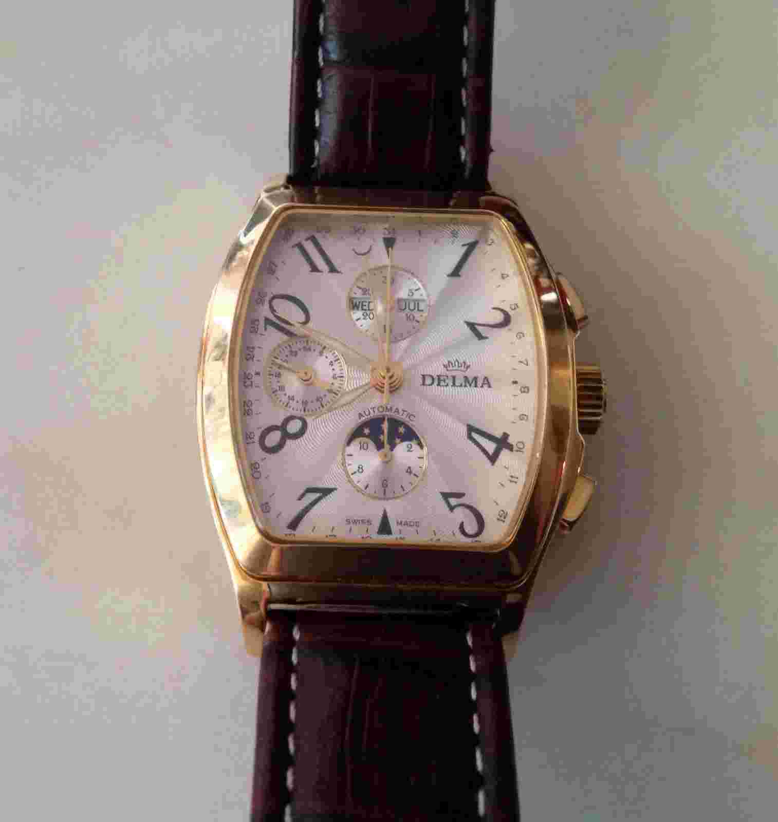 Delma Klondike Tonneau Swiss Chronograph Moonphase L.EDITION #221 150gr.18K GOLD