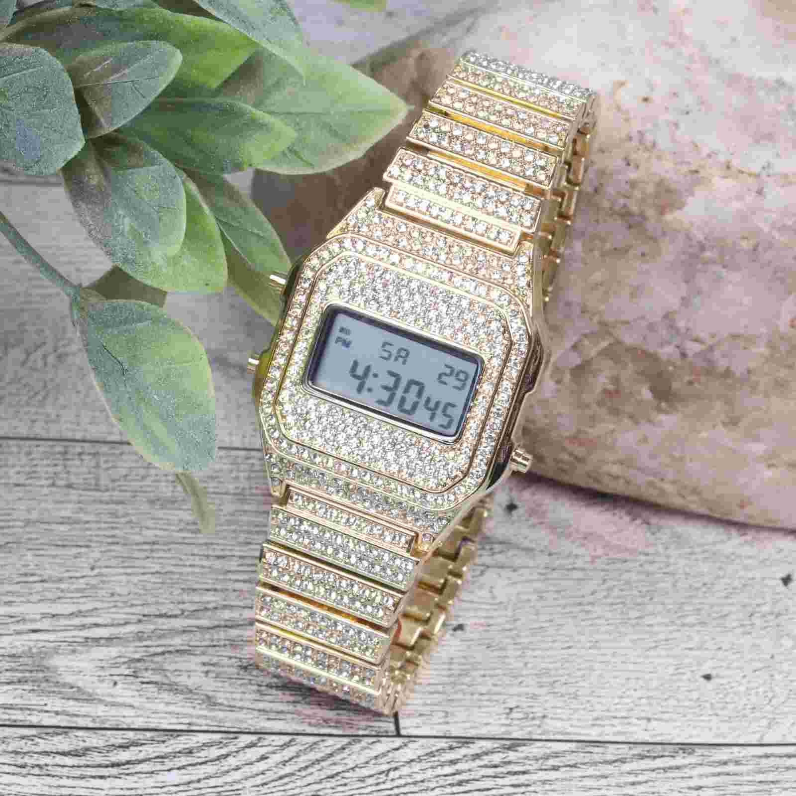 Montres Carlo Men's Hip Hop Luxury Stones Clubbing Wrist Digital Watch Gold