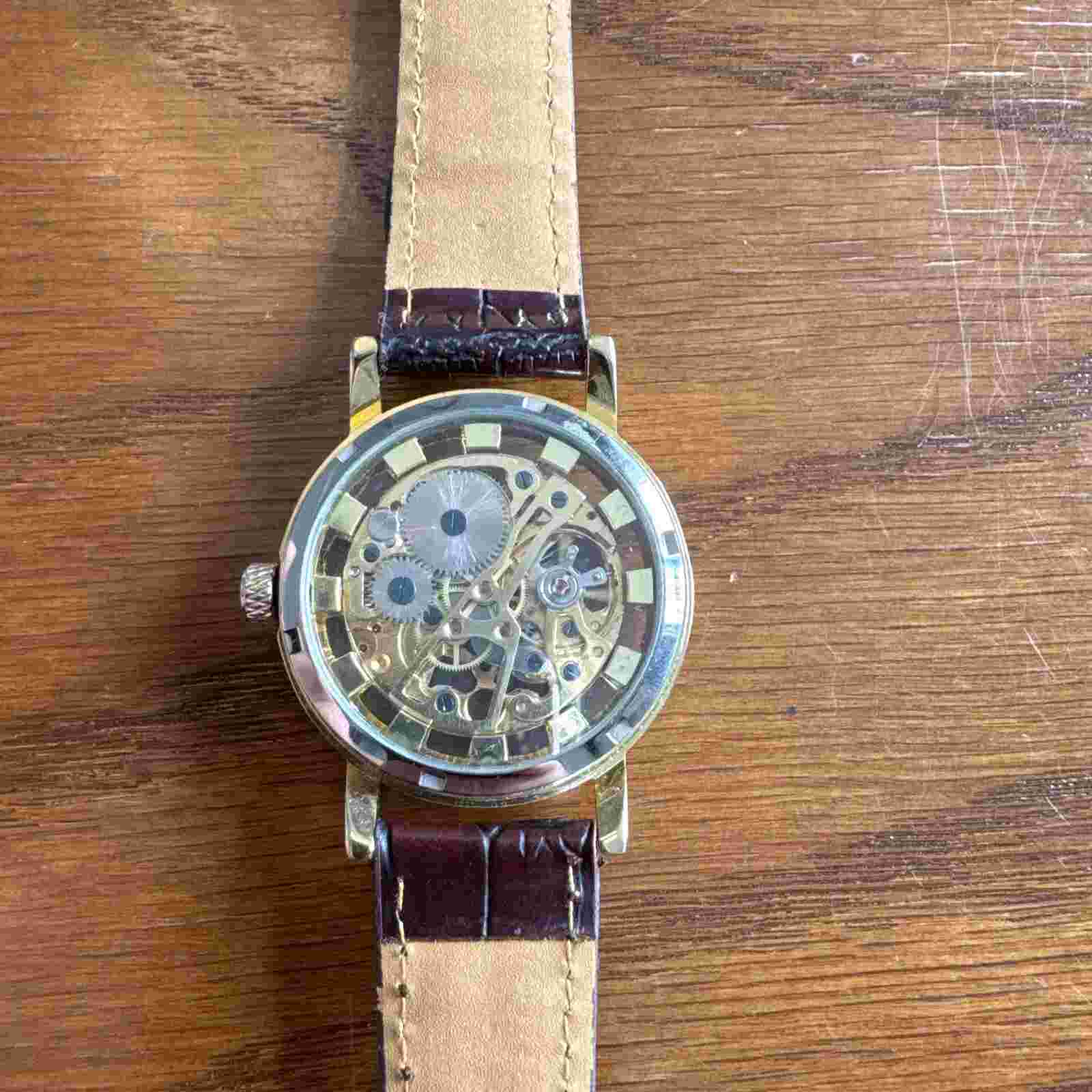 Skeleton Gold Tone Mechanical Men’s Wrist Watch. Working
