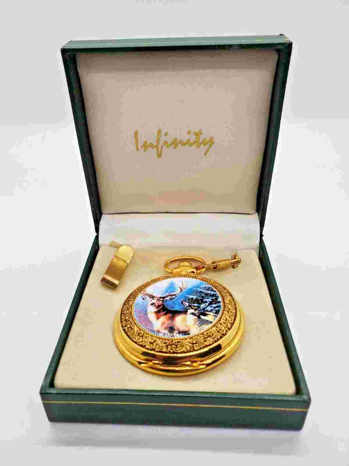 INFINITY GOLD FINISH DEER HUNTER CASE POCKET WATCH W SOFT GOLD FINISH CHAIN IOB