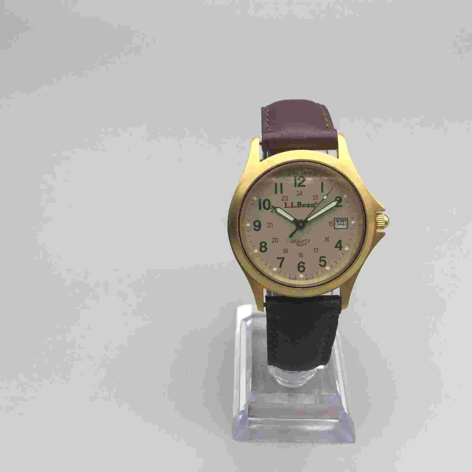 LL Bean Field Watch Watch Men 37mm Gold Tone Date Brown Leather Band New Battery