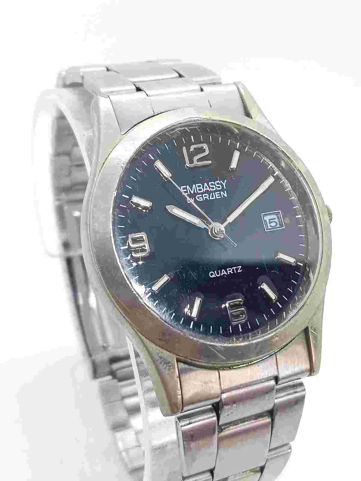 Embassy by Gruen, Men's, Link Bracelet, Date, 37 mm, Black Dial, New Battery