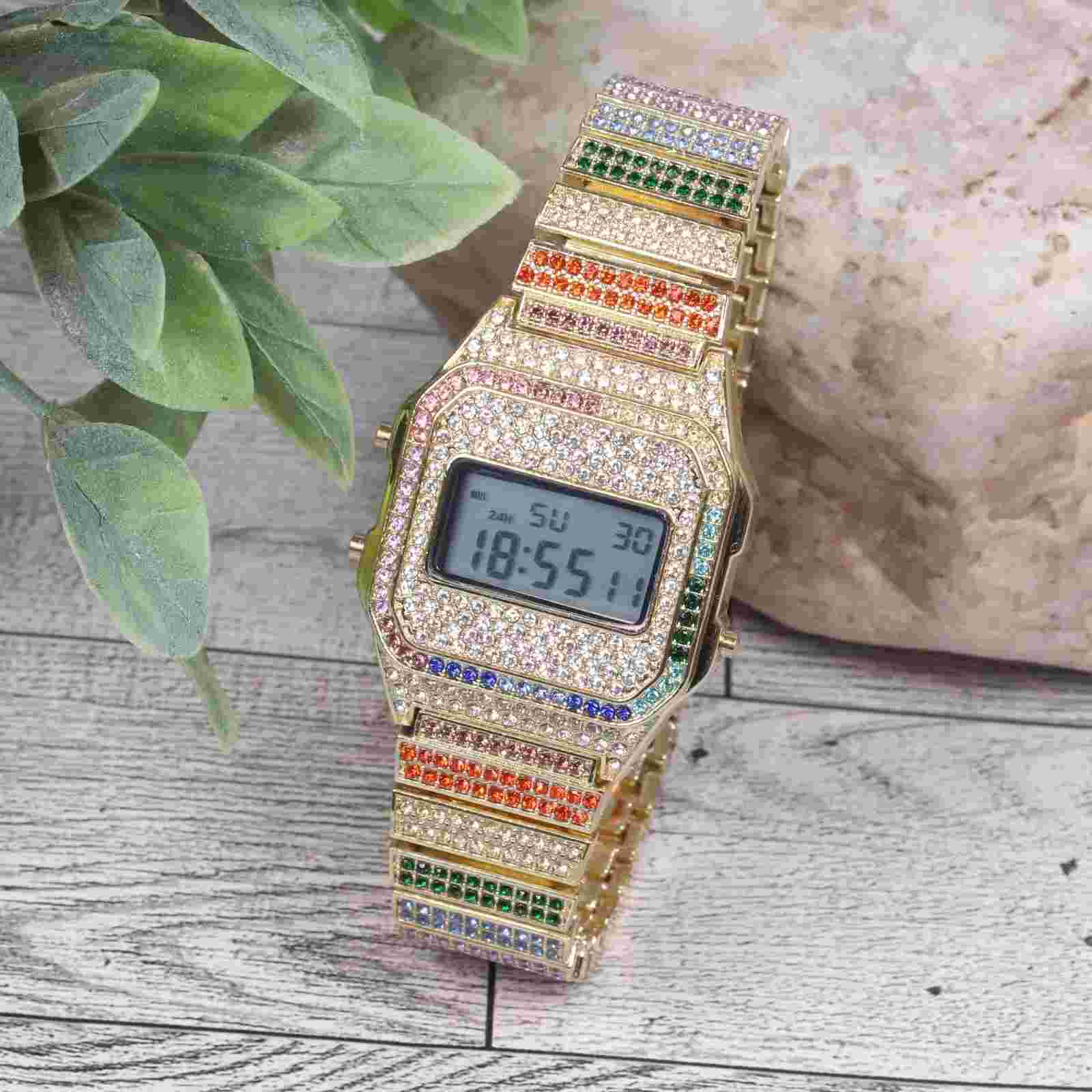 Montres Carlo Men's Hip Hop Luxury Stones Clubbing Wrist Digital Watch Gold