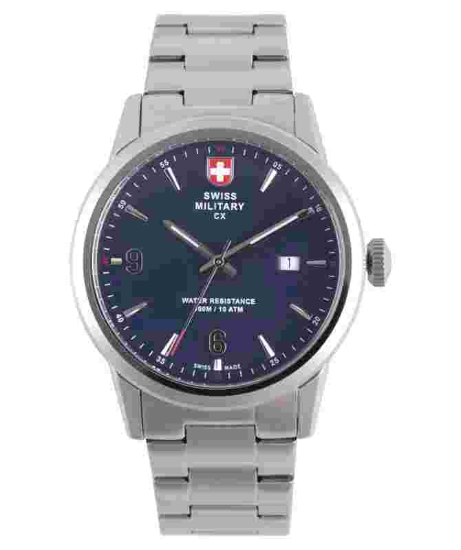 CX Swiss Military GRUNT Officer Watch Swiss Quartz SS Bracelet Blue Dial 2888