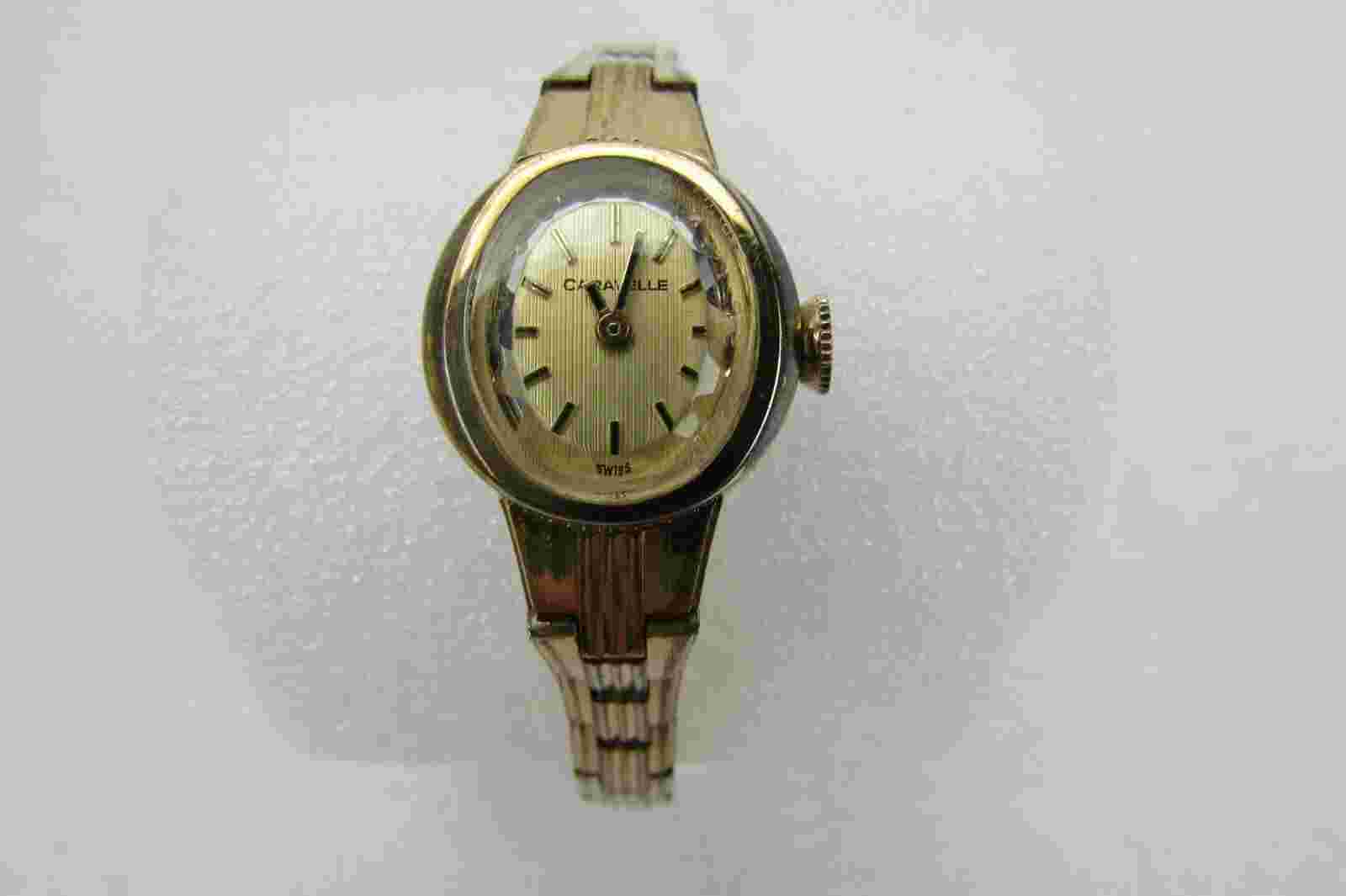 Vintage Caravelle 17 Jewel Ladies Watch with Gold Tone Case and Integrated Band