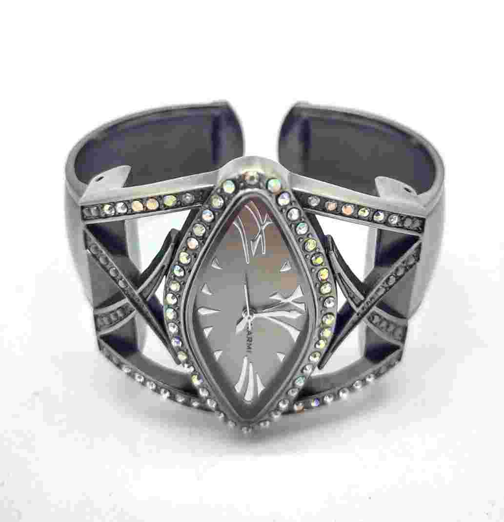 Narmi Silver Tone Bejeweled Diamond Shape Face Cuff Watch Bling Fashion Costume