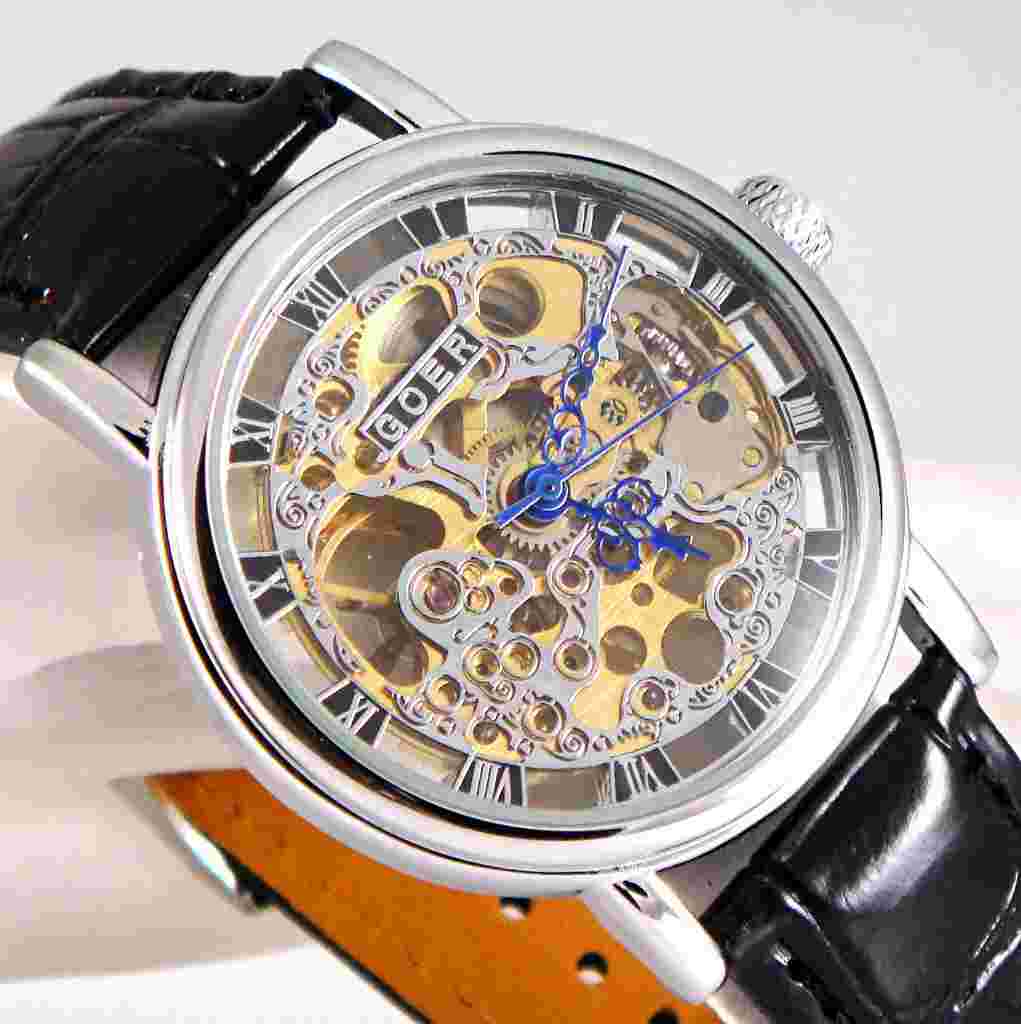 Silver Heirloom Mechanical Wind-up Skeleton Steampunk Black Leather Unisex Watch