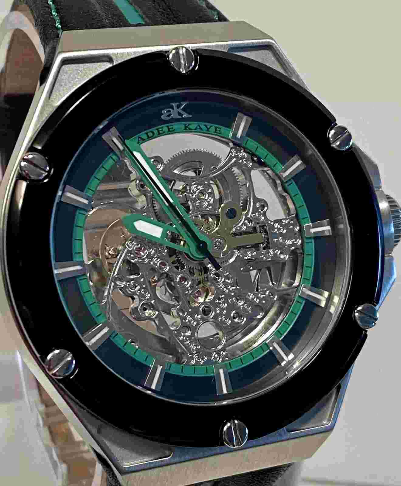 50mm Green Skeleton Silvertone Automatic Black Strap ADEE KAYE Dress Watches