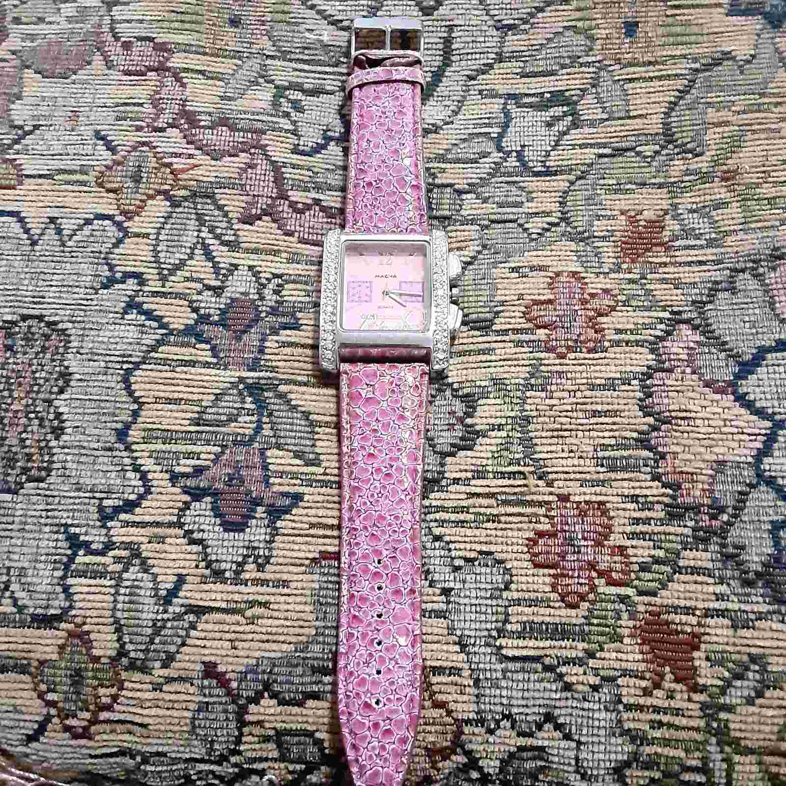MAGNA pink wrist watch rhinestones watch case 2X2 band 10"