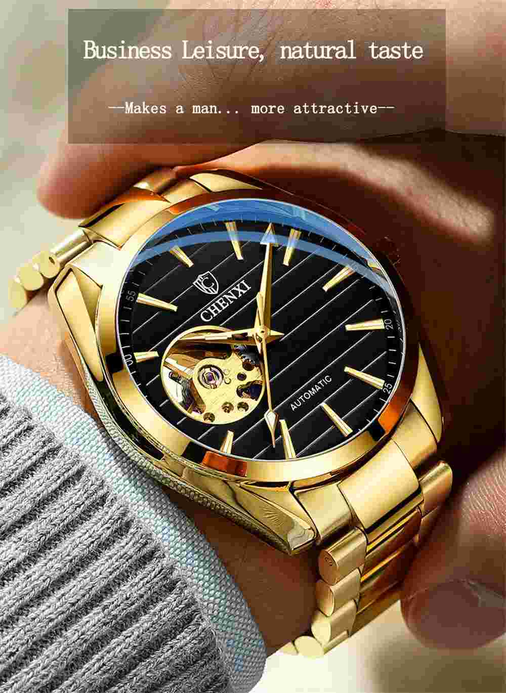 CHENXI Men Mechanical Watch Luxury Automatic Gold Watches Male Steel Wristwatch