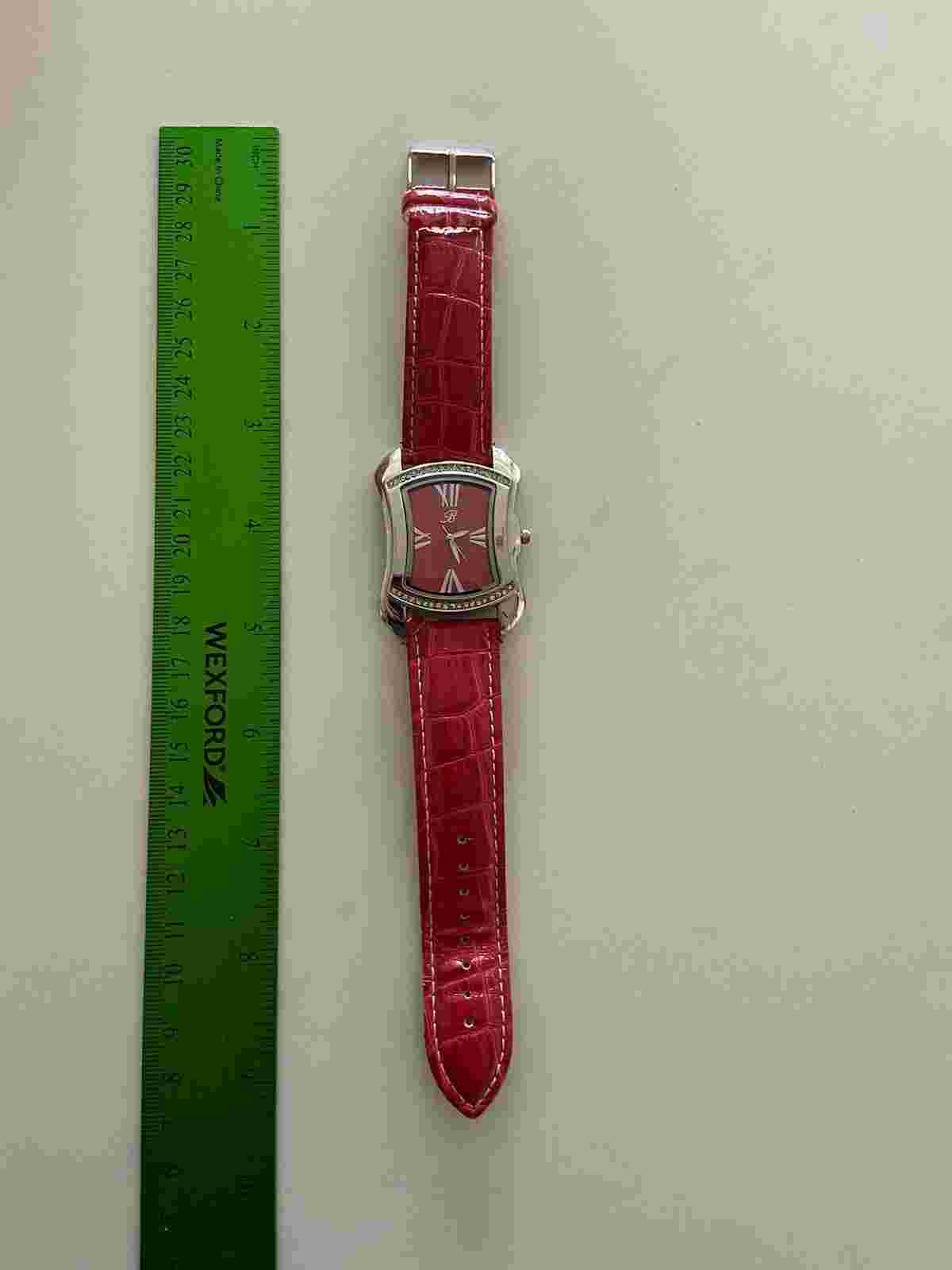 BURGI Rhinestone Stainless Red Croc Embossed Leather Quartz Wrist Watch Working
