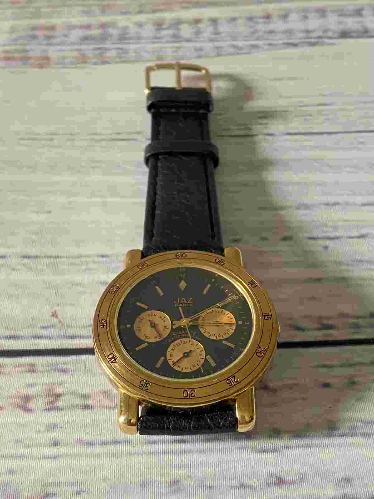 Vintage Jaz Paris Chronograph Watch Gold Tone Case Quartz Leather Band WORKING!