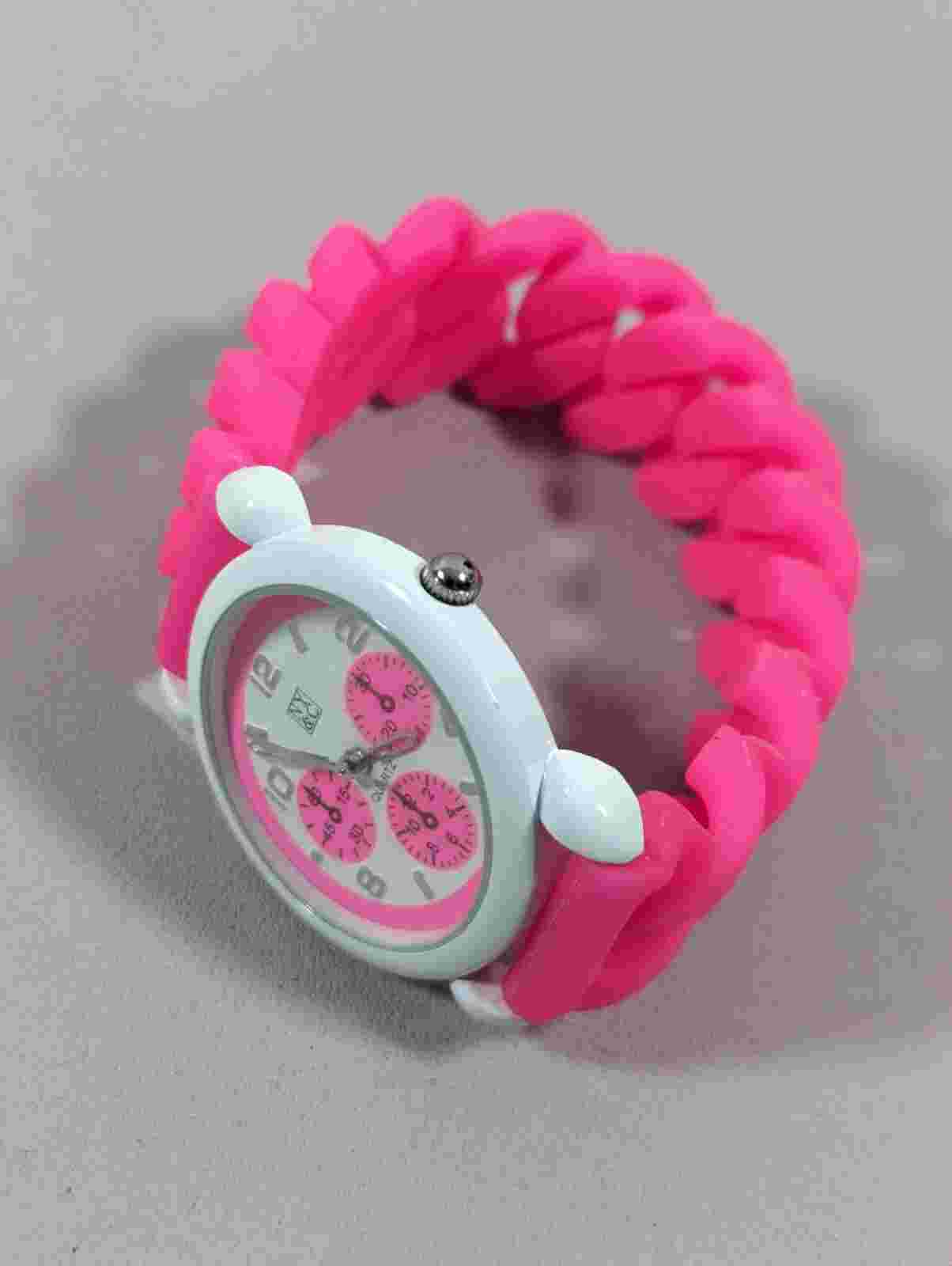 NYC Pink White Dual White Round Case Pink Rubber Band Watch