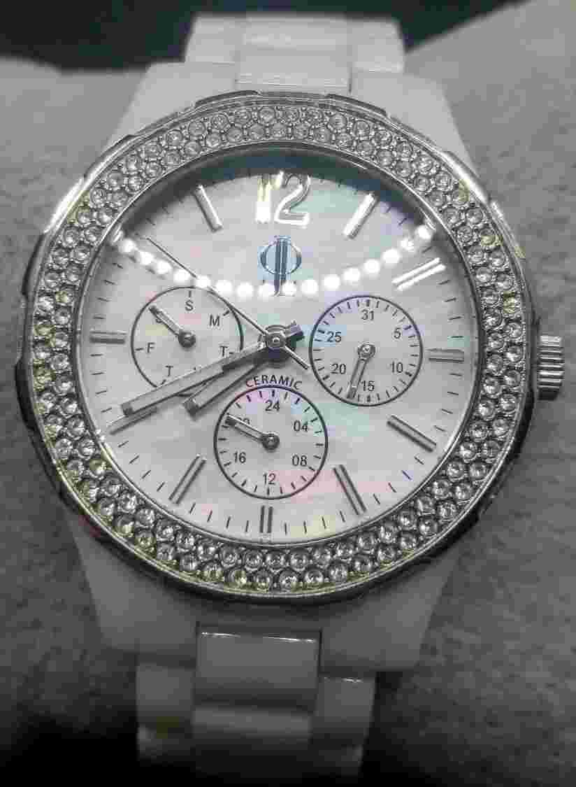 Jennifer Lopez Watch MOP Dial White Ceramic Band Swarovski Crystal Day/Date