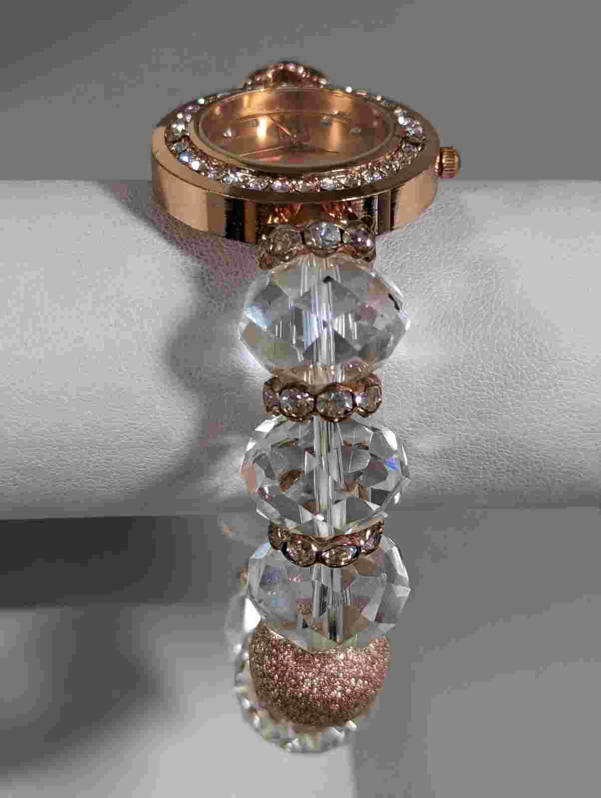 NYC Gold Tone Crystal Accent Round Case Bead Stretch Band Watch