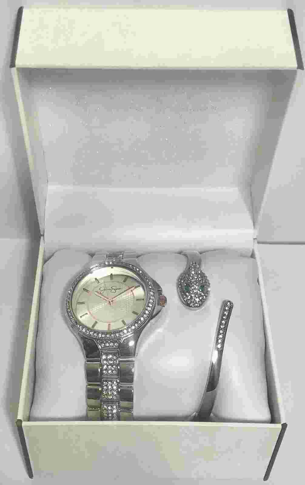 Jessica Simpson Watch Silver Tone & Crystal Snake Hinged Bangle Bracelet Set