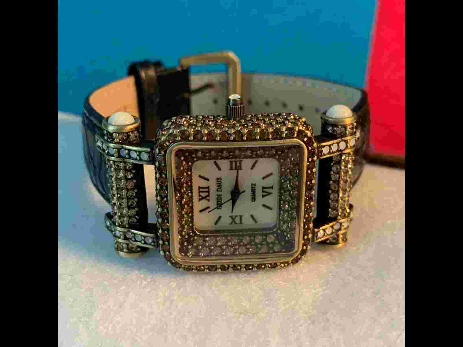Heidi Daus "Timeless Beauty" Pave' Bezel Black Leather Strap Watch