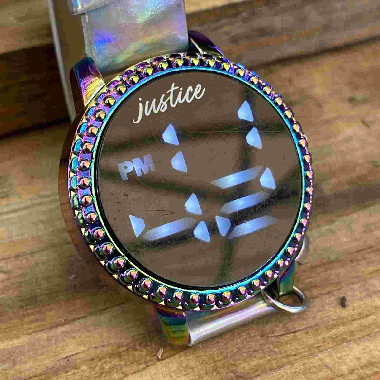 Justice LCD Watch Purple White Metallic Shiny Ladies Kids Teens Watch