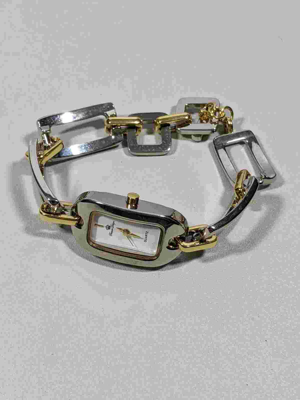 Premier Designs White Dial Silver Tone Rectangle Case Two Tone Bracelet Watch