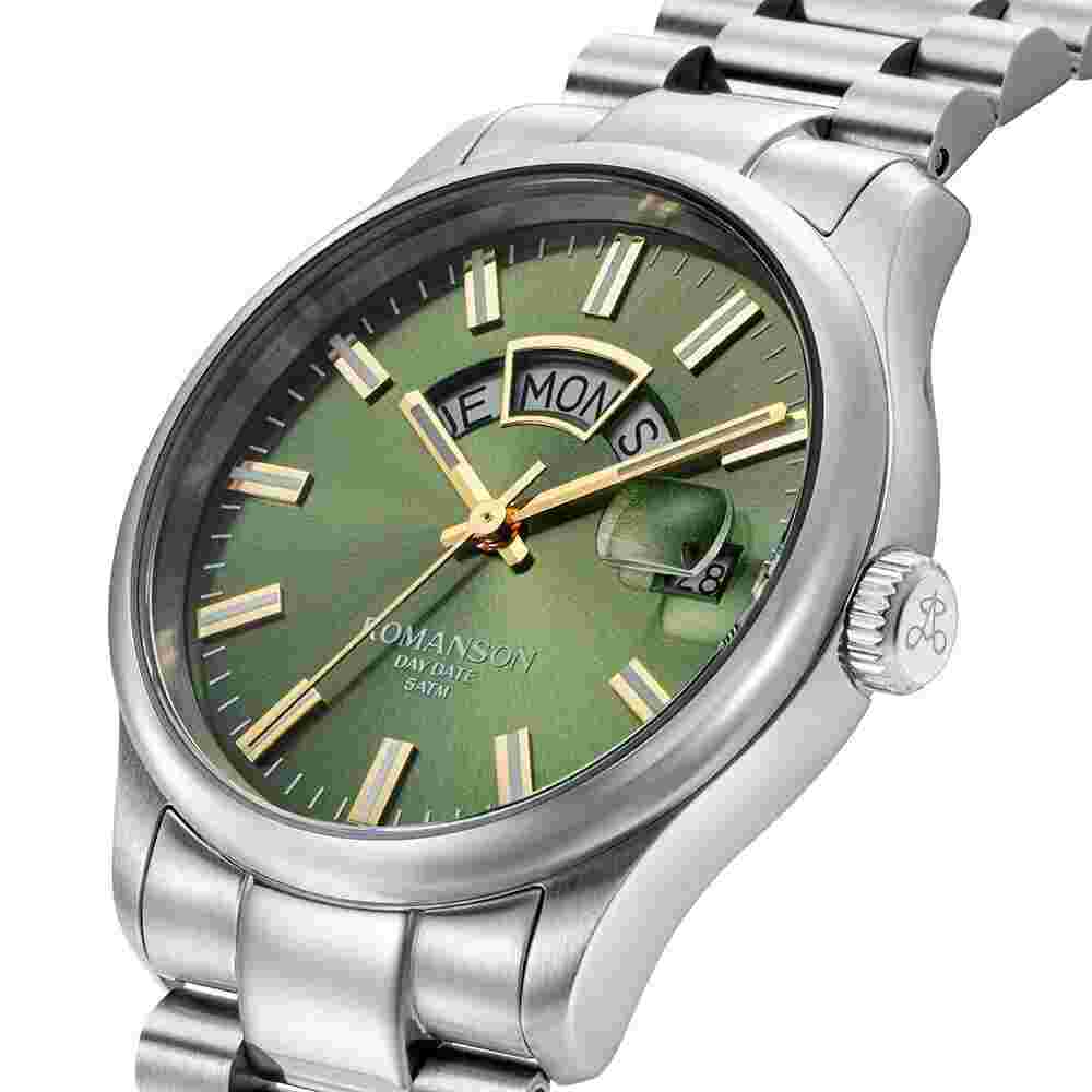Romanson Activius Day-Date Watch RWTMFM3BF007 Green Dial Steel Mens 50M WR New
