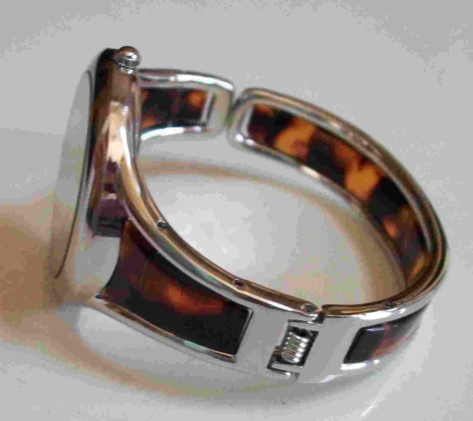 Tortoise Shell Silver & Acrylic Band Round Face Women's Bangle Cuff Casual Watch