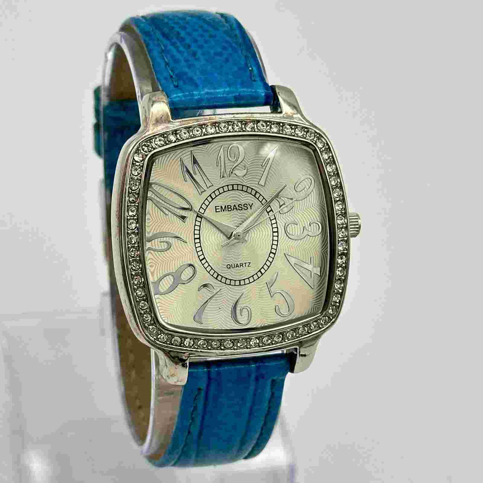 Ladies EMBASSY By Gruen Silver Tone, Blue Leather, Crystal Accent Watch, EM3312