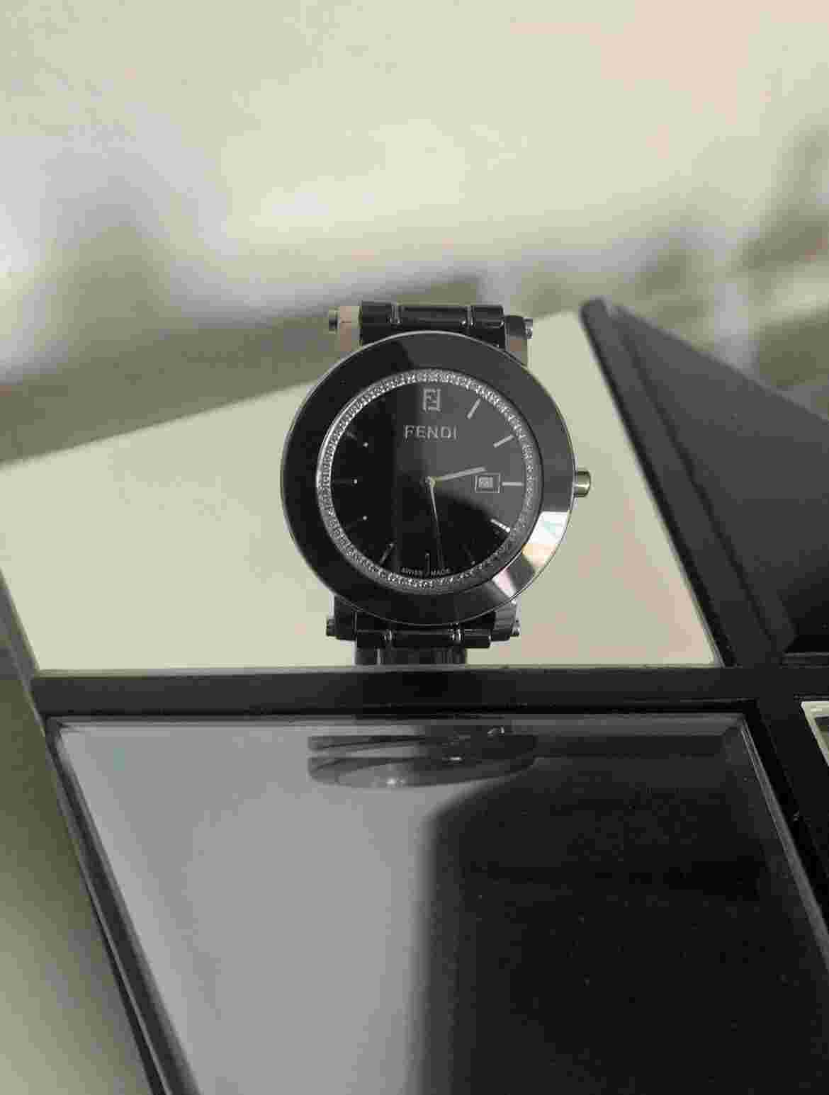 Fendi Black Ceramic Round Diamonds Bezel Swiss Quartz 38 mm Watch