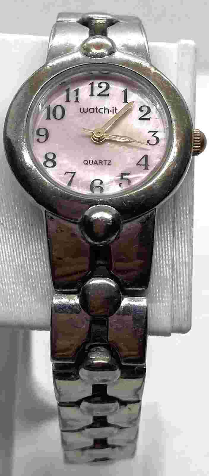 VTG WATCH-IT LADIES Watch New Battery Pink MOP Dial Silver Band Fits To 7-1/4”