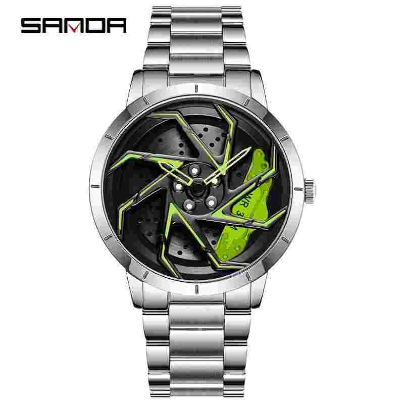 SANDA Car Rim Wheel Rotating Dial Mens Quartz Stainless Wateproof Luminous Watch